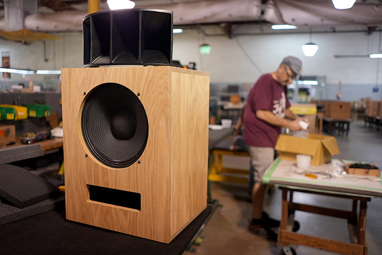 Klipsch + Ojas Limited Edition kO-R1 Horn Loudspeaker Spiral Red Oak Finish located inside within the Klipsch factory in Hope, Arkansas