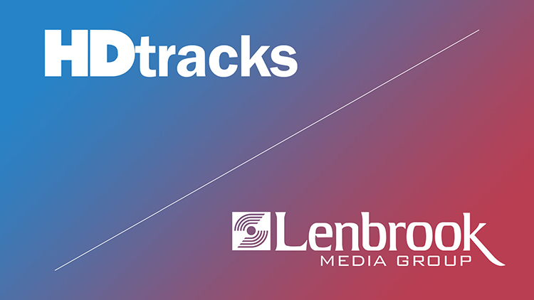 HDtracks typographic logo in white & Lenbrook Media Group typographic logo in white on top of a blue/red gradient background