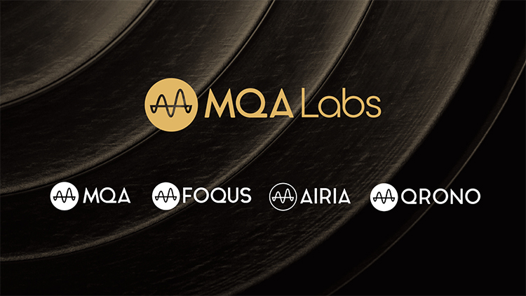 MQA Labs typographic logo with its logo emblem symbol floating at the top middle center followed by the listings underneath: MQA, FOQUS, AIRIA, and QRONO respective typographic logos with their respective logo emblem symbols