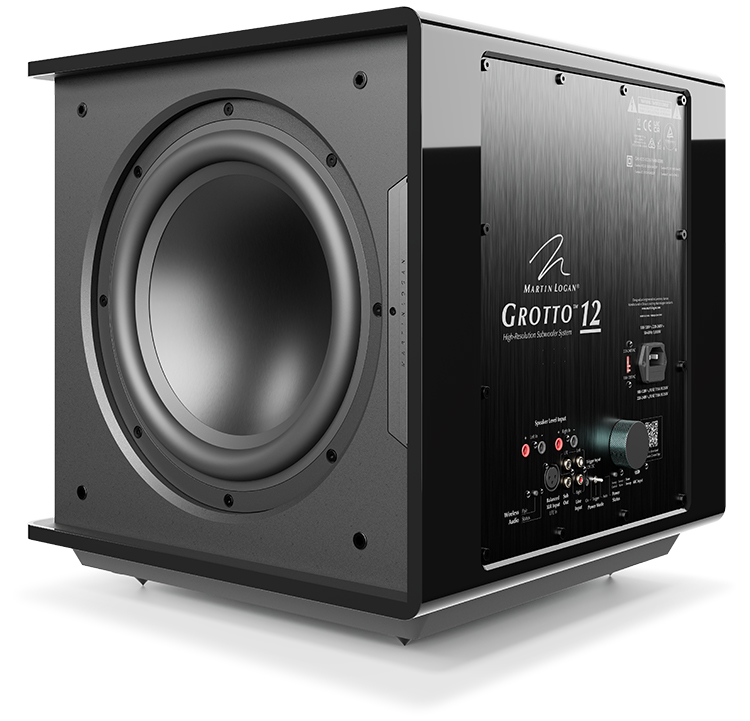 MartinLogan Grotto® 12 Gloss Black color finish Subwoofer Front and Back Quarter View
