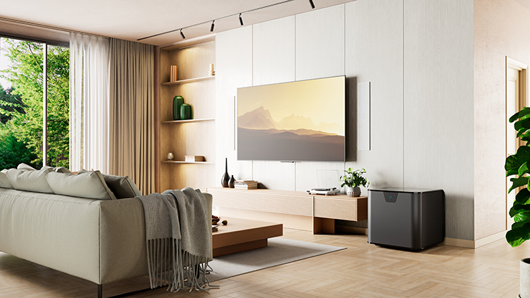 Lifestyle view of a MartinLogan Depth® Series Luxury Performance Subwoofer situated within a modern living room area