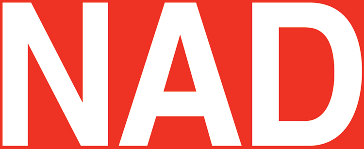 NAD typographic uppercase letters form logo in white on top of a red background