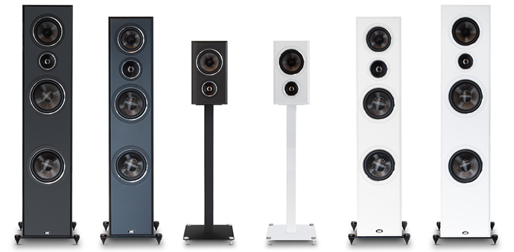 PSB Speakers Full Imagine Series lineup view including B50 bookshelf speakers, T54 &T65 tower speakers