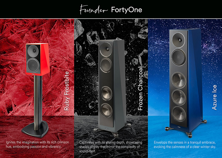 Paradigm Founder Forty-One Collection Loudspeakers View (Ruby Frostbite, Frozen Charcoal, and Azure Ice)