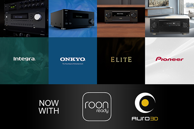 Collage of Integra DRX-8.4, Onkyo TX-RZ70, Elite VSX-LX805, and Pioneer VSX-LX805 product models alongside their respective company logos and all now equipped with Roon Ready and Auro-3D