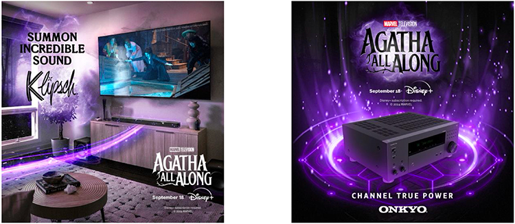 Digital square shaped advertisements showcasing the Klipsch + Onkyo official speakers and home audio system of Marvel Television's streaming series Agatha All Along on Disney+