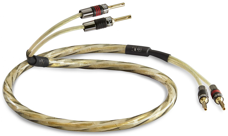Close-up photograph perspective of the QED Golden Anniversary XT speaker cables Cobra Snake Pose View