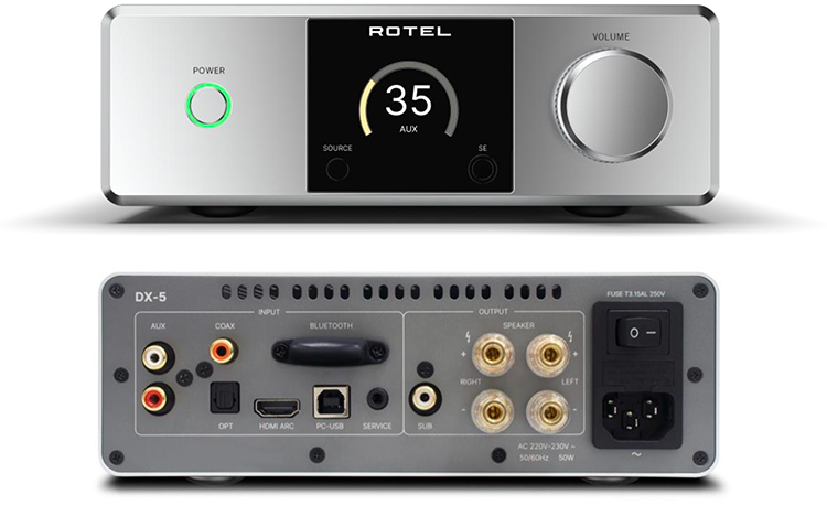 Rotel DX-5 Stereo Integrated Amplifier Silver Finish Front and Rear View
