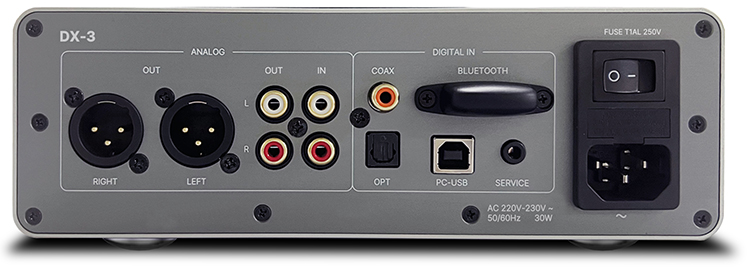 Rotel DX-3 High Performance Headphone Amplifier, Pre-Amplifier and DAC Silver Finish Back View