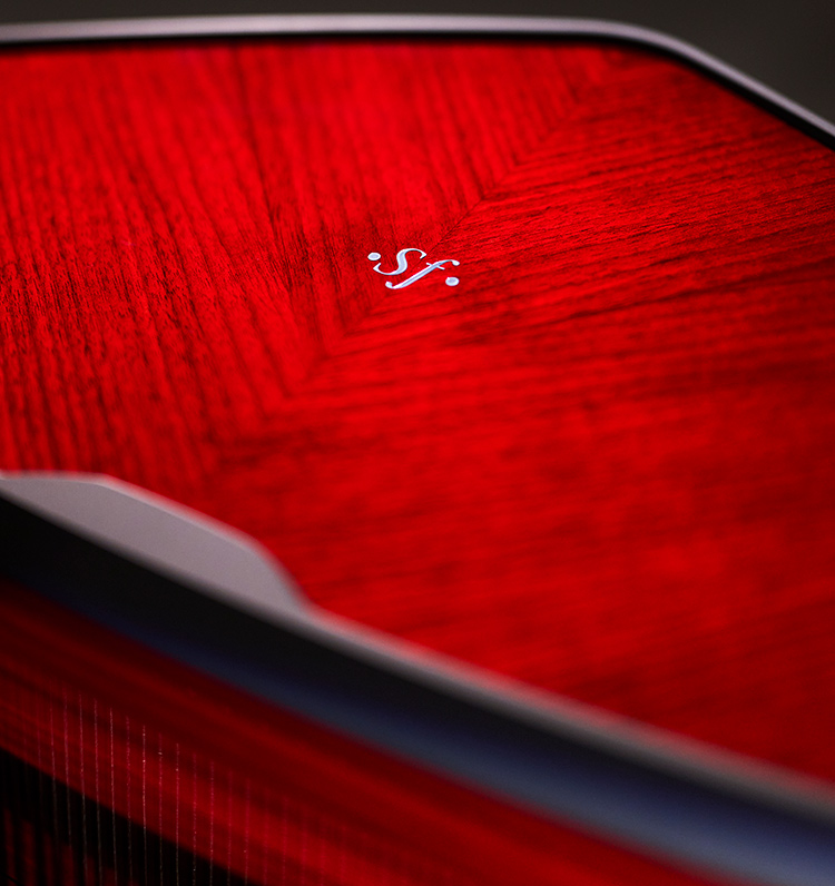 Sonus faber inscribed logo close-up angle view on the Suprema Loudspeaker System surface