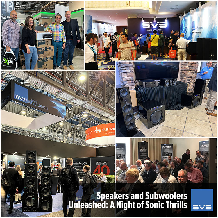Photograph collage of many individuals roaming around at the SVS Speakers & Subwoofers Unleashed: A Night of Sonic Thrills Event Tour booth areas