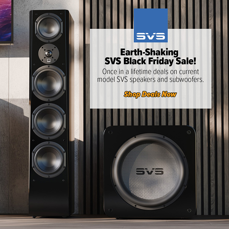 SVS Earth-Shaking Black Friday Sale! promotional marketing image banner with two SVS product models displayed side by side next to each other