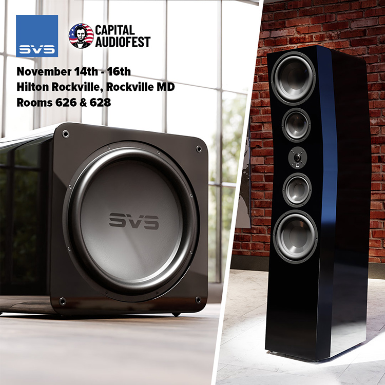 Digital Capital Audiofest 2025 promotional marketing square shaped banner showcasing the SVS SB-5000 R|Evolution Subwoofer and SVS Ultra Evolution Pinnacle Tower Speaker Black Colored Finishes
