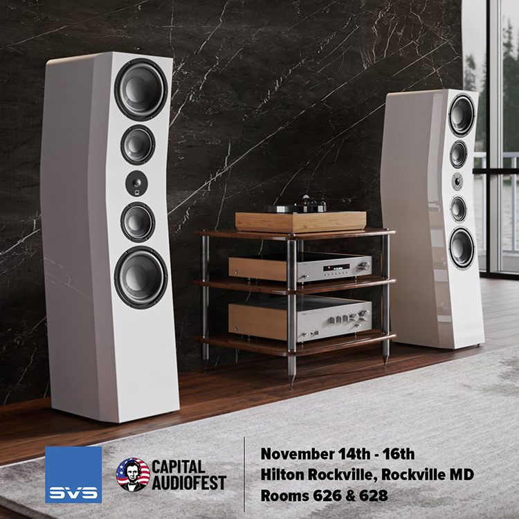 Digital Capital Audiofest 2025 promotional marketing square shaped banner showcasing the SVS Ultra Evolution Pinnacle Tower Speakers White Colored Finish