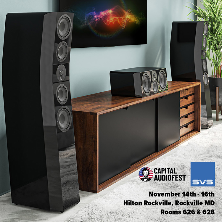 Digital Capital Audiofest 2025 promotional marketing square shaped banner showcasing the SVS Ultra Evolution Pinnacle Tower Speakers Black Colored Finish