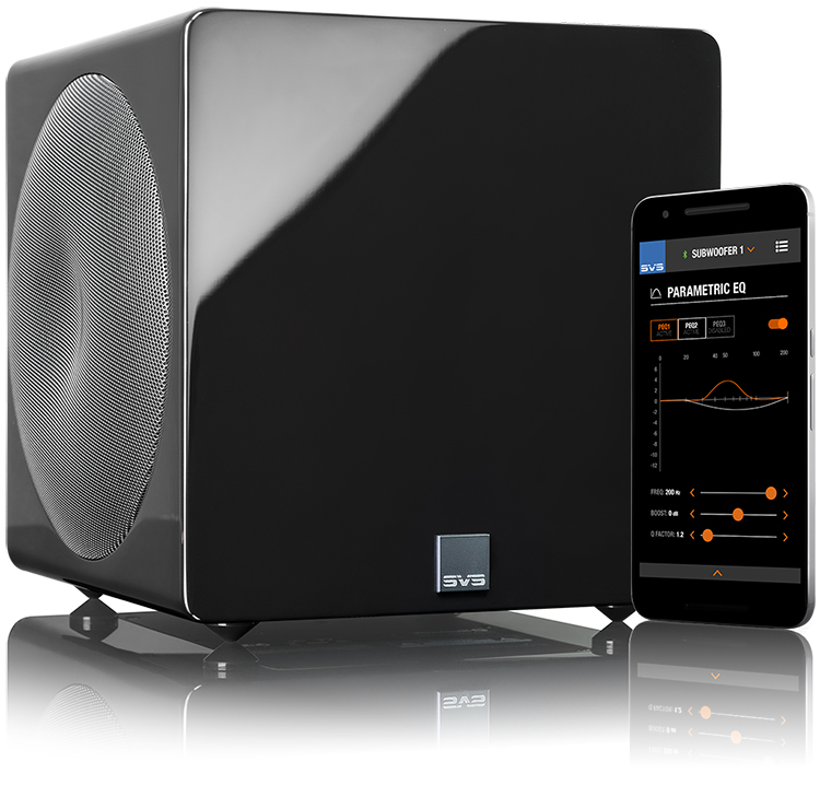 SVS 3000 Micro Subwoofer next to smartphone showing the SVS companion app screen Front Angle View
