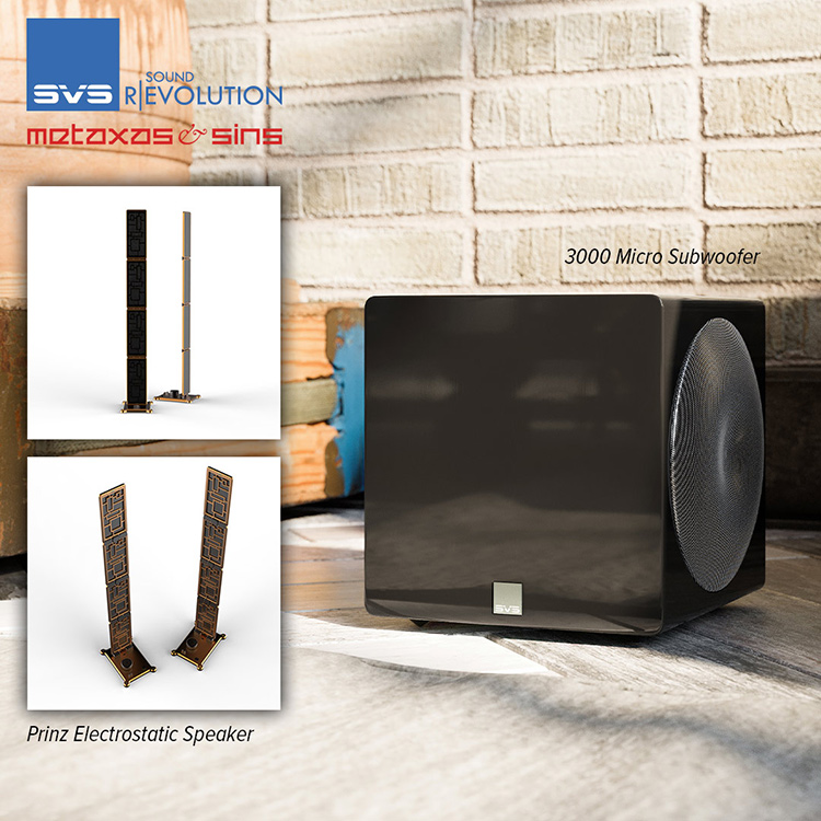 Square shaped digital promotional banner showcasing the SVS 3000 Micro Subwoofer and Metaxas & Sins Prinz Electrostatic Speakers