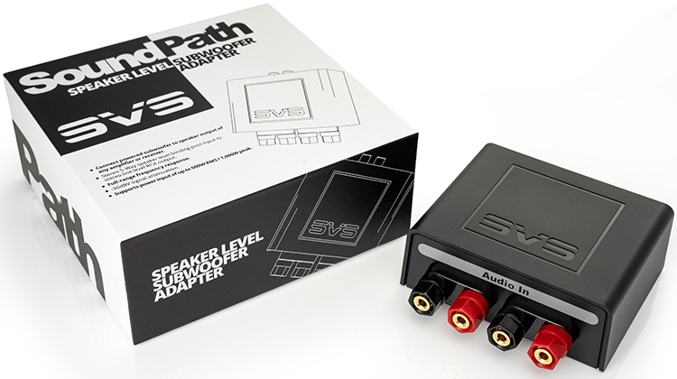 SVS SoundPath Speaker Level Subwoofer Adapter Product Package Box and SoundPath Speaker Level Subwoofer Adapter Product Angle View
