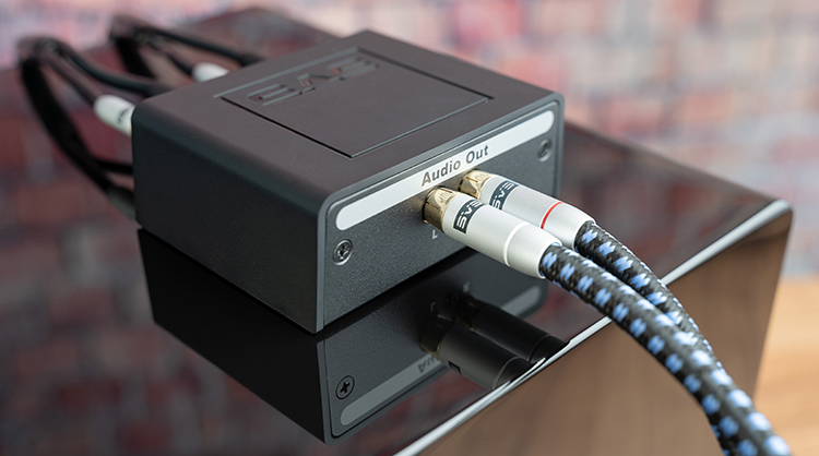 SVS SoundPath Speaker Level Subwoofer Adapter with SoundPath Subwoofer Cables & SoundPath Ultra Speaker Cables inserted into the inputs area of the Speaker Level Subwoofer Adapter product showing a close-up of the Audio Out inputs area