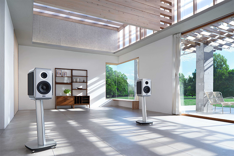 TAD-ME1TX Bookshelf Speakers System Silver White Finish Lifestyle Living Room View