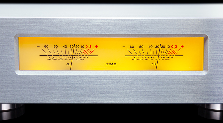 TEAC AP-507 Stereo Power Amplifier Silver Finish Level Meters Close-up Screen Display View
