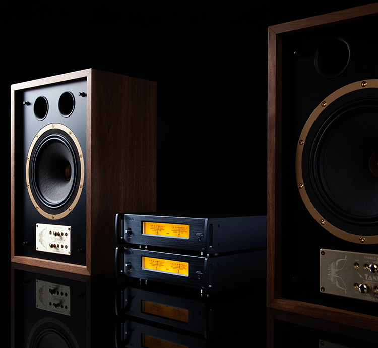 TEAC AP-507 Stereo Power Amplifiers Black Finish Stacked View with Tannoy SGM 10 2-Way Standmount 10” Dual Concentric HiFi Loudspeakers