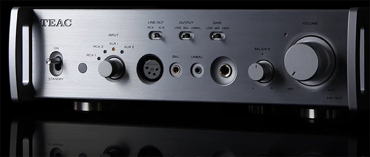 TEAC Reference 500 Series HA-507 Pure Analog Headphone Amplifier/Preamplifier Silver Finish Angle View