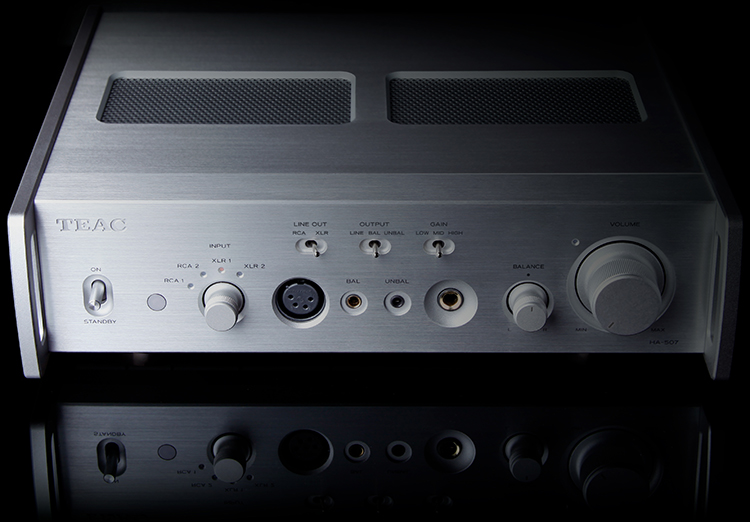 TEAC Reference 500 Series HA-507 Pure Analog Headphone Amplifier/Preamplifier Silver Finish Front Top Aerial View