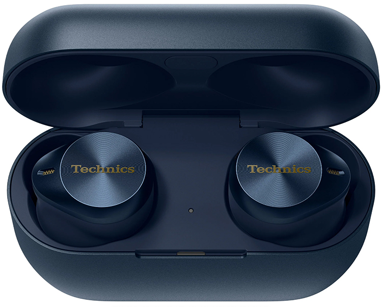 Technics EAH-AZ80 True Wireless Earbuds Midnight Blue Finish as the earbuds are inside their respective open case