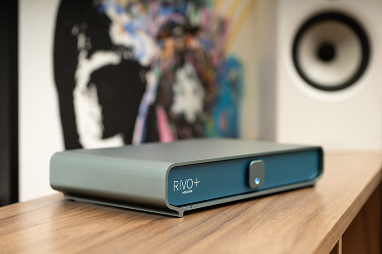 Volumio Rivo Plus streamer on top of a wooden table surface Angle Lifestyle View