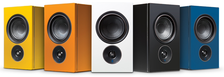 PSB Speakers Alpha iQ Streaming Powered Speakers with BluOS lineup in Tangerine Yellow, Dutch Orange, Matte White, Matte Black, and Midnight Blue