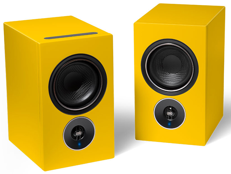 PSB Speakers Alpha iQ Streaming Powered Speakers with BluOS in Tangerine Yellow - Angle View