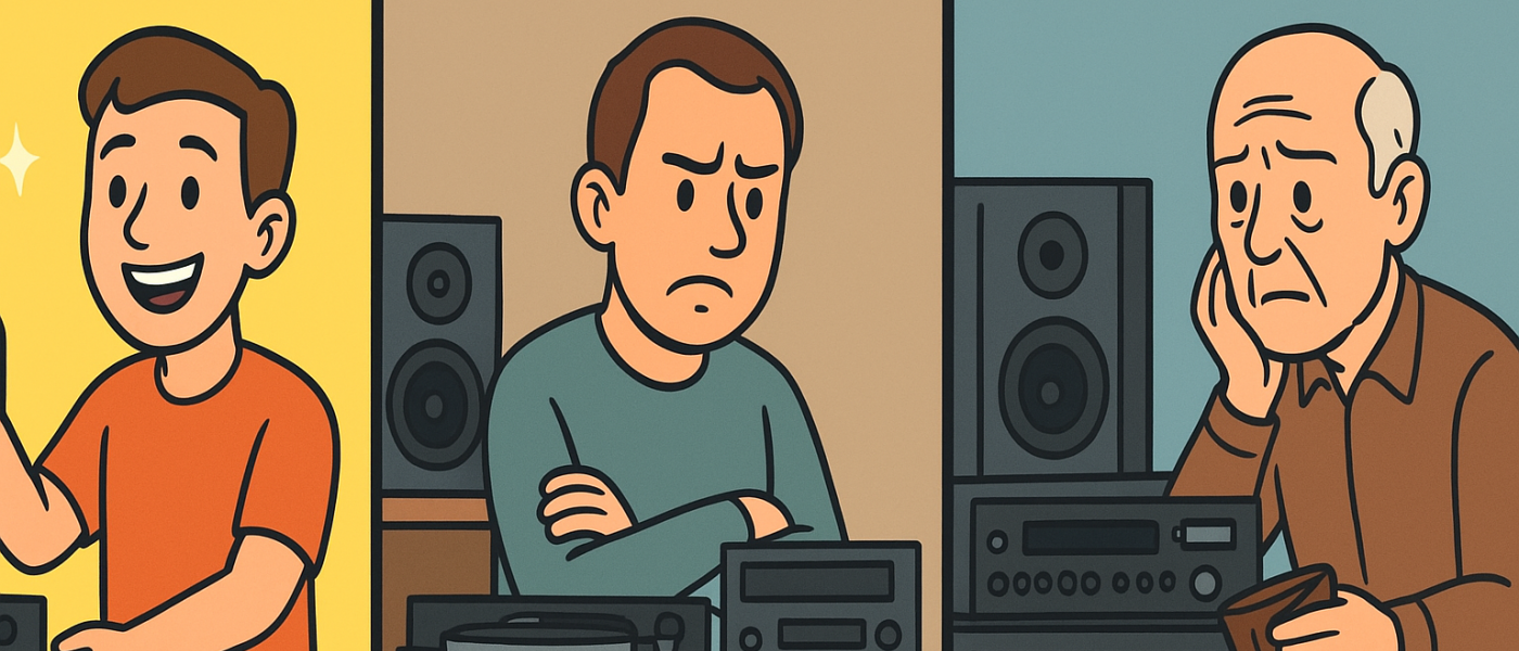 Vintage-style cartoon illustration triptych panel of three men; One man is smiling happily content with his audio product model; The next man is in a disappointed and mad mood with his audio products gear equipment; The final old elderly man is in a sad mood with his audio products gear equipment Vintage-style cartoon illustration triptych panel of three men; One man is smiling happily content with his audio product model; The next man is in a disappointed and mad mood with his audio products gear equipment; The final old elderly man is in a sad mood with his audio products gear equipment
