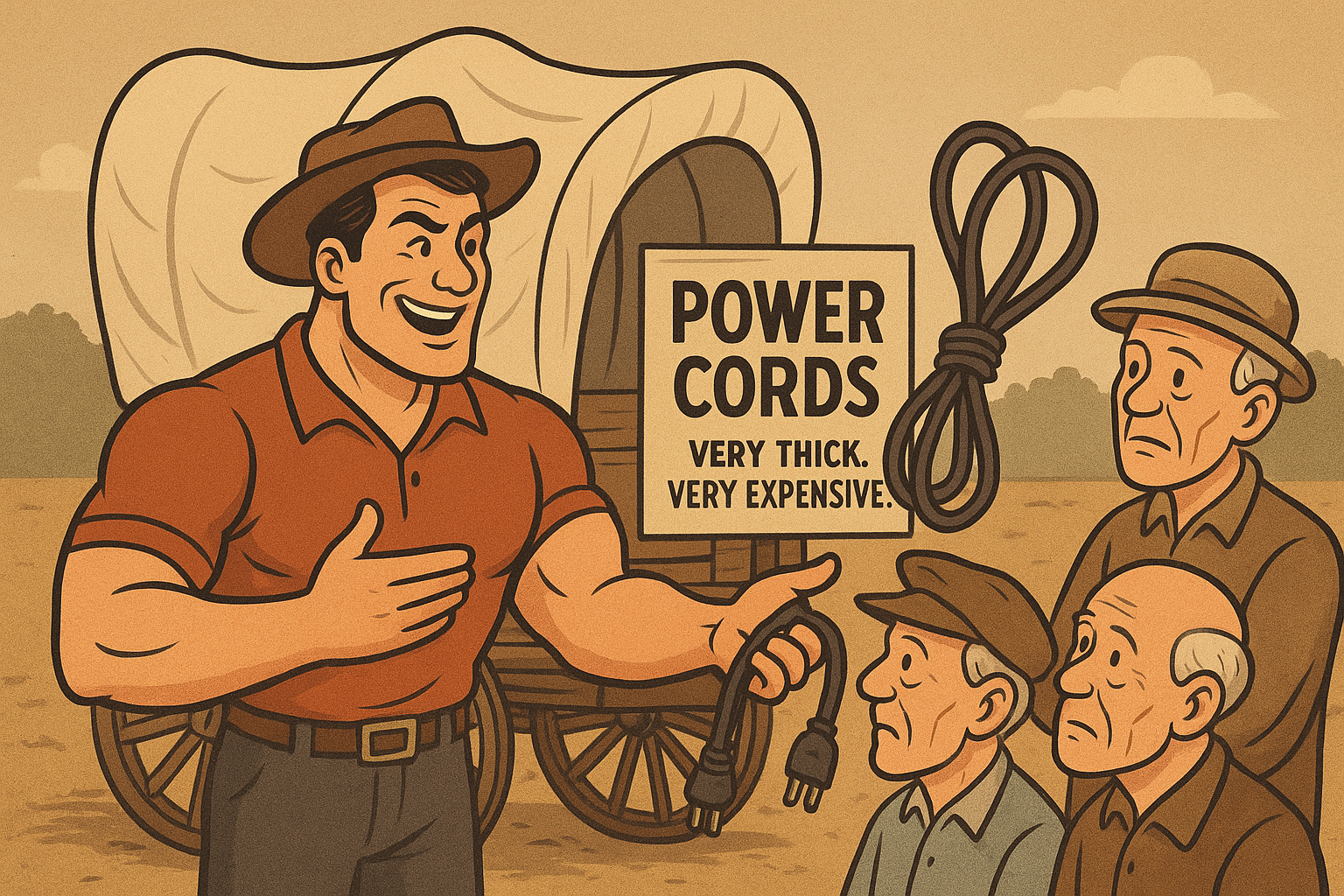 Vintage-style cartoon illustration of a smiling, muscular man in a cowboy hat standing next to a covered wagon, gesturing enthusiastically toward a sign that reads POWER CORDS. VERY THICK. VERY EXPENSIVE; He is holding a power cord as there are three skeptical-looking older men watching him Vintage-style cartoon illustration of a smiling, muscular man in a cowboy hat standing next to a covered wagon, gesturing enthusiastically toward a sign that reads POWER CORDS. VERY THICK. VERY EXPENSIVE; He is holding a power cord as there are three skeptical-looking older men watching him