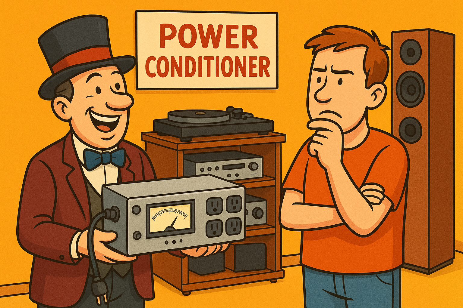 Vintage-style cartoon illustration of a salesman wearing a top hat and bowtie enthusiastically presenting a large, complex-looking power conditioner unit with a meter and electrical outlets to a skeptical-looking man; In the background, a turntable, audio components, and a large wooden speaker are visible on a wooden rack, suggesting an audio store or hi-fi setup Vintage-style cartoon illustration of a salesman wearing a top hat and bowtie enthusiastically presenting a large, complex-looking power conditioner unit with a meter and electrical outlets to a skeptical-looking man; In the background, a turntable, audio components, and a large wooden speaker are visible on a wooden rack, suggesting an audio store or hi-fi setup