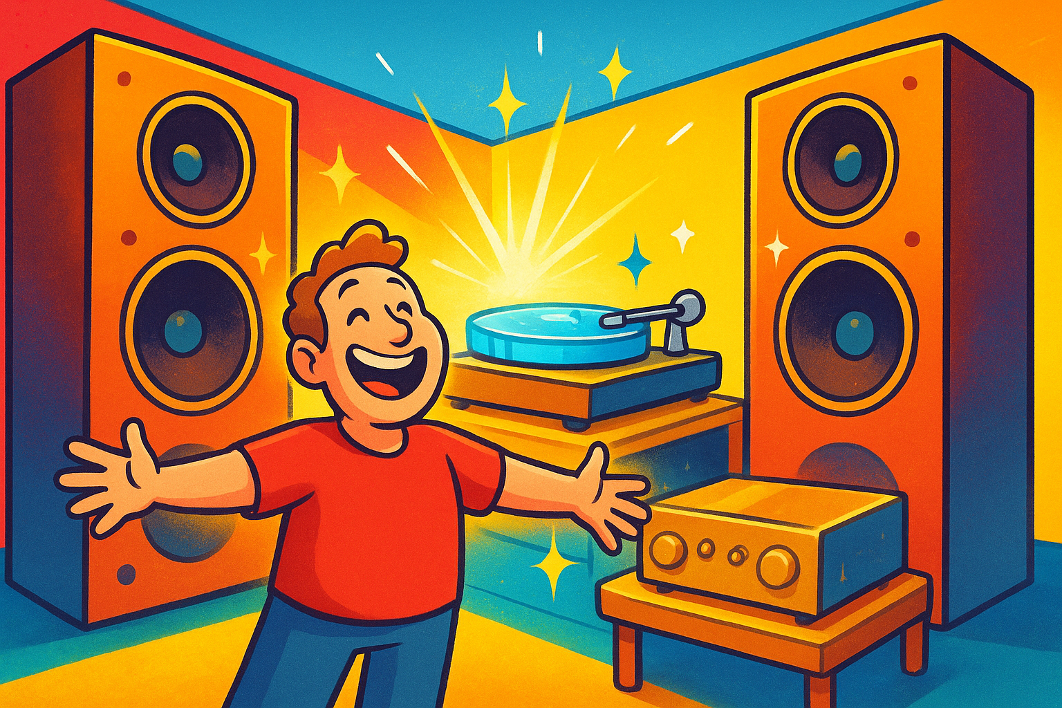 Vintage-style cartoon brightly colored illustration of a man with an overjoyed expression and outstretched arms; He is standing in front of a high-fidelity audio system that includes two large, orange-and-black speakers, a turntable glowing with blue light, and an amplifier; The room is painted in vibrant yellow and blue, with sparkling stars emanating from the audio equipment Vintage-style cartoon brightly colored illustration of a man with an overjoyed expression and outstretched arms; He is standing in front of a high-fidelity audio system that includes two large, orange-and-black speakers, a turntable glowing with blue light, and an amplifier; The room is painted in vibrant yellow and blue, with sparkling stars emanating from the audio equipment