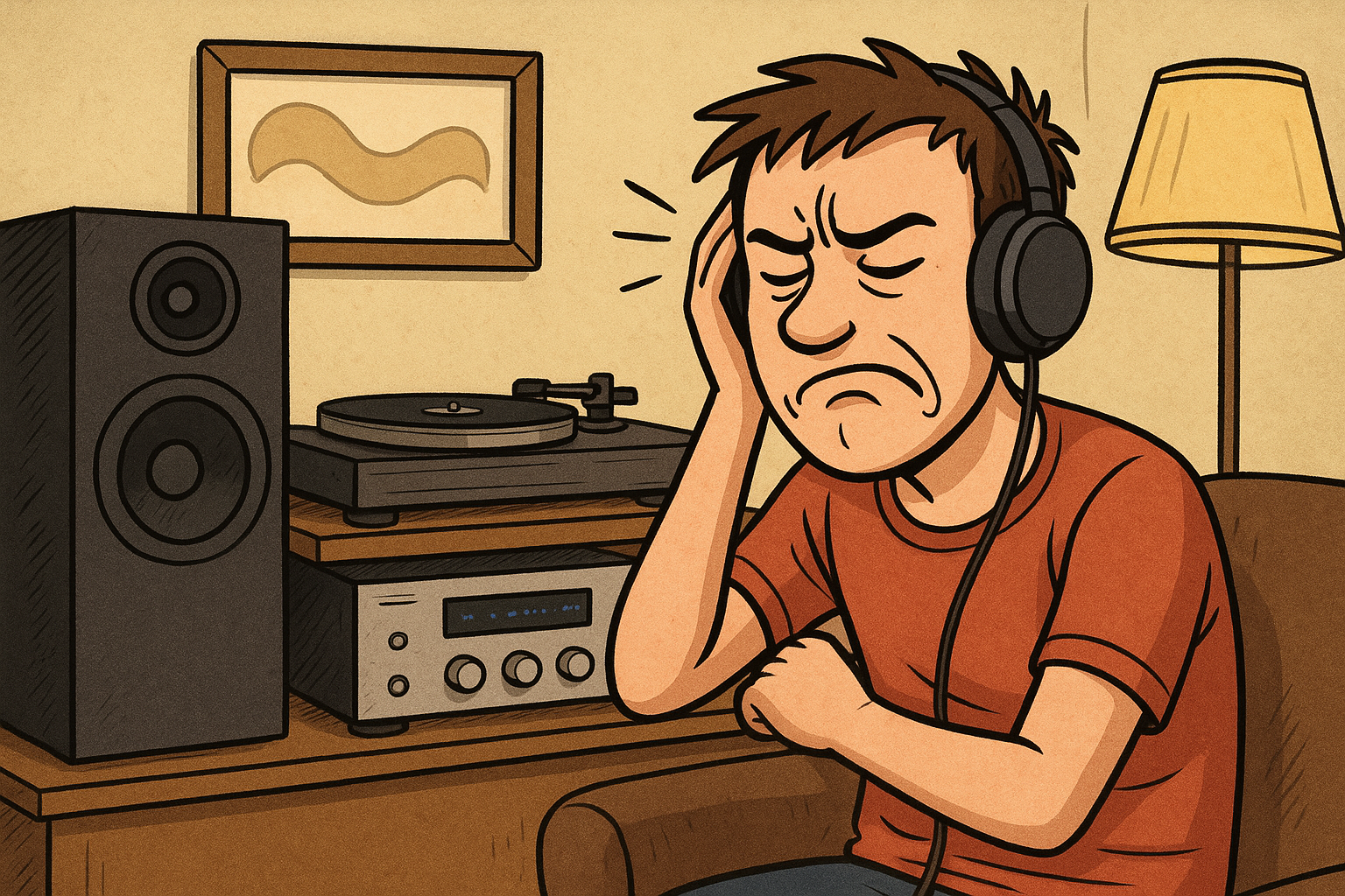 Vintage-style cartoon illustration of a young man sitting in an armchair with a distressed expression; He is listening to music on over-ear headphones and wincing, holding his head, suggesting discomfort or pain from the sound; Next to him is an audio system consisting of a large black speaker, a turntable, and a silver amplifier Vintage-style cartoon illustration of a young man sitting in an armchair with a distressed expression; He is listening to music on over-ear headphones and wincing, holding his head, suggesting discomfort or pain from the sound; Next to him is an audio system consisting of a large black speaker, a turntable, and a silver amplifier