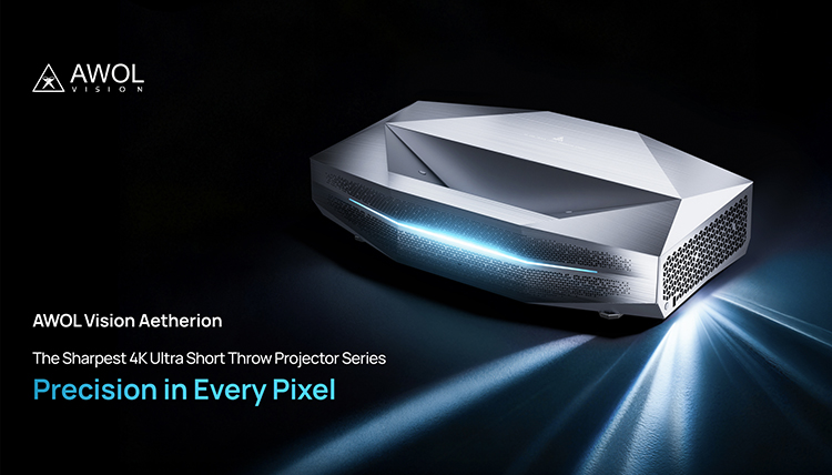 Digital marketing promotional banner of the AWOL Vision Aetherion 4K Ultra Short Throw Projector
