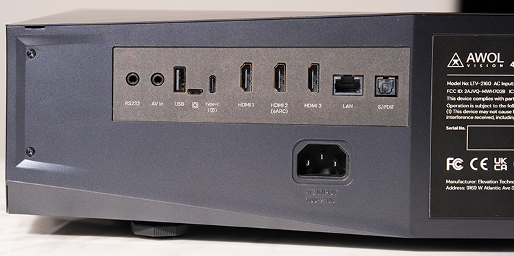 Rear back panel view of the AWOL Vision Aetherion 4K Ultra Short Throw Projector