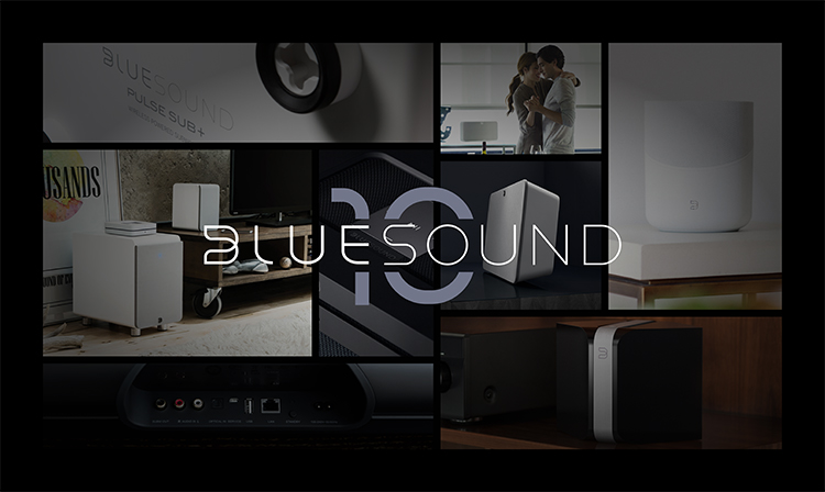 A photo collage layout of featured Bluesound products as the background and the Bluesound 10th Anniversary Logo displayed in the middle as the foreground