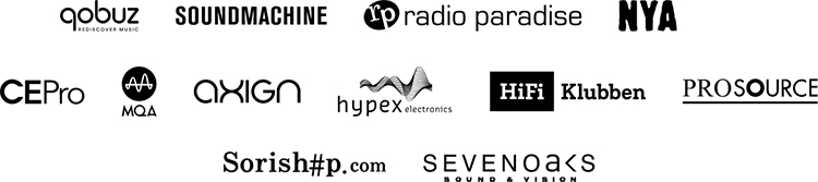 A few of Bluesound's dedicated partners (twelve logos displayed in a group)