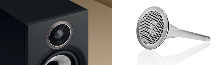 Close-up photograph perspective of Bowers and Wilkins 607 S3 Bookshelf Speaker Black Finish Titanium Dome Tweeter Angle View
