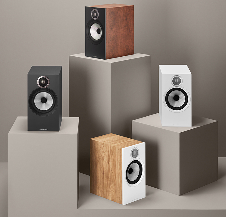Bowers and Wilkins 606 S3 Bookshelf Speakers Black, Red Cherry, Oak, and White Finishes Angle View