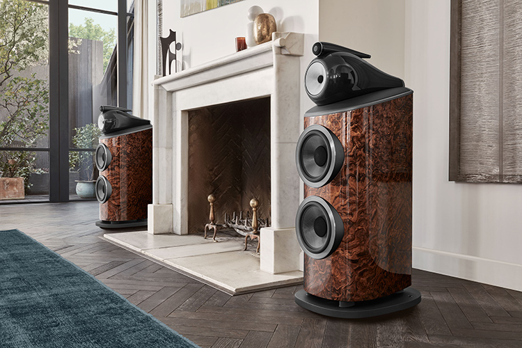 Bowers and Wilkins 801 D4 Signature Loudspeakers (California Burl Gloss Finish) Angle Living Room View