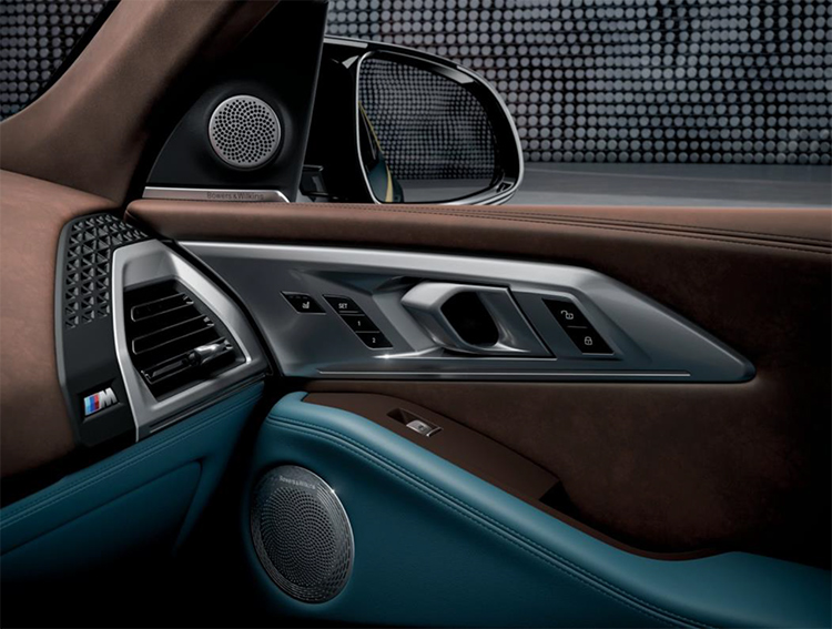 Bowers & Wilkins Diamond Surround Sound System within 2023 BMW XM SUV (Petrol Mica Metallic color) Interior Doorway View