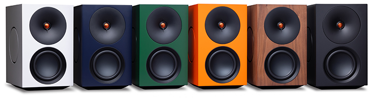 Cambridge Audio L/R X active stereo speakers Black, White, Orange, Blue, Green, and Real Walnut Color Finishes