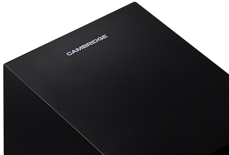 Cambridge Audio L/R S active stereo speaker Black Color Finish Top High View showing the Cambridge logo
