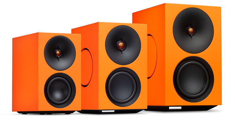 Cambridge Audio L/R Series active stereo speakers Orange Color Finish Lineup Front Angle View