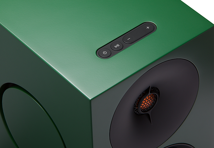 Cambridge Audio L/R M active stereo speaker Green Color Finish Front Top High Angle View