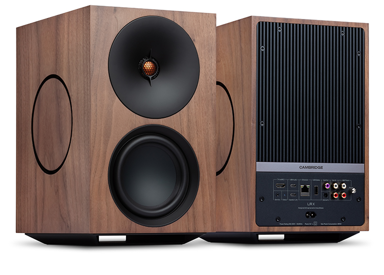 Cambridge Audio L/R X active stereo speakers Real Walnut Color Finish Front Angle and Rear Back View